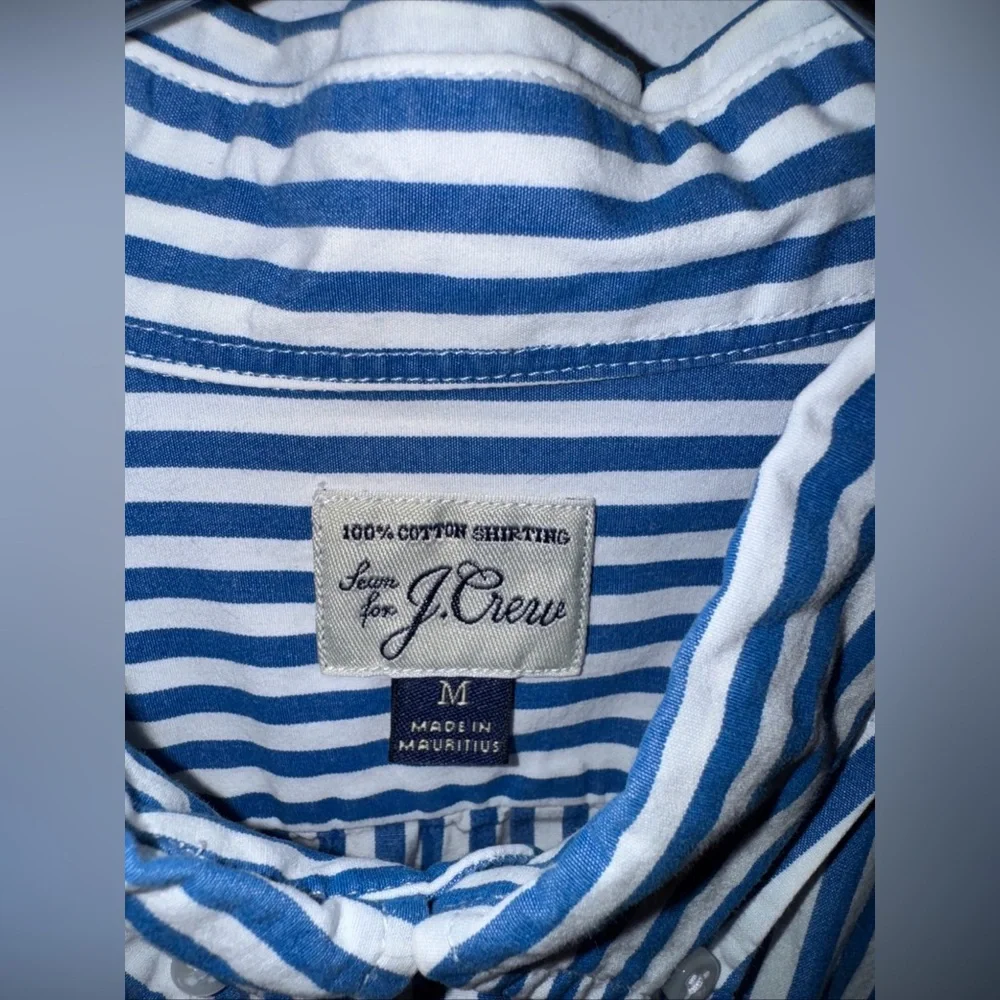 J Crew Cotton Shirting Blue‎ White Stripe Short Sleeve Collar Button Down Medium